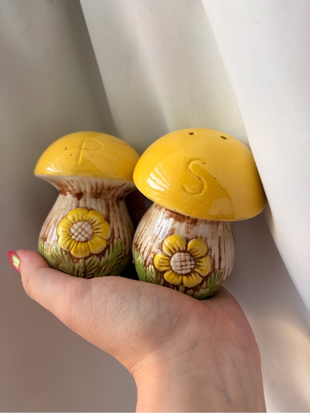 Yellow Mushroom Salt & Pepper Shaker Set with Sunflower Detail